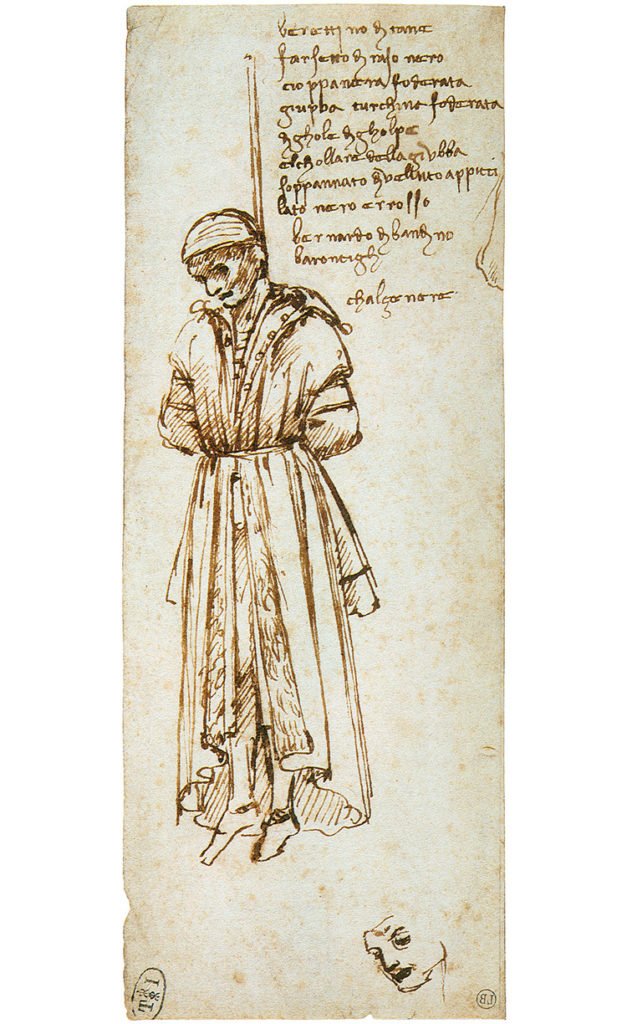 Leonardo da Vinci, Bernardo Bandini Baroncelli, enforcado (1479; tinta sobre papel, 192 x 78 mm; Bayonne, Museu Bonnat)