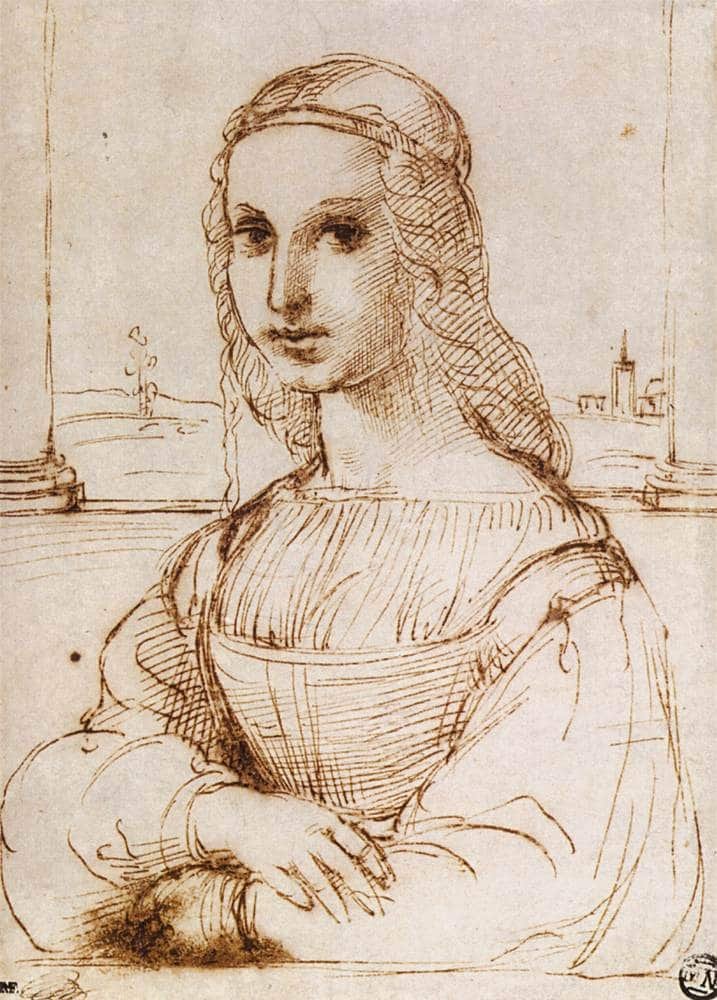 Um desenho de Rafael datato de 1504,  apresenta uma jovem senhora em um balcão onde é possível ver duas colunas nos lados. Tais colunas, que aparecem na Jovem Monalisa e em diversas outras cópias, nunca existiram no retrato do Louvre.