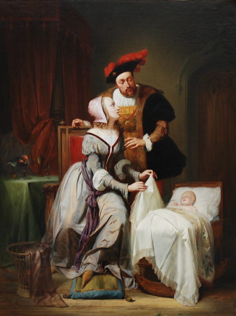 Imperador Carlos V com sua amante Johanna van der Gheynst no nascimento de sua filha Margarida, pintura de Theodore Joseph Canneel.