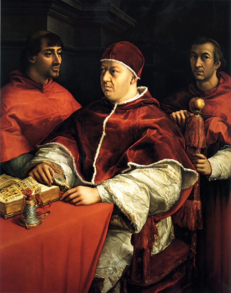 Retrato do Papa Leão X com os Cardeais Giulio de'Medici e Rossi. Galleria Palatina, Florença - Rafael Sanzio
